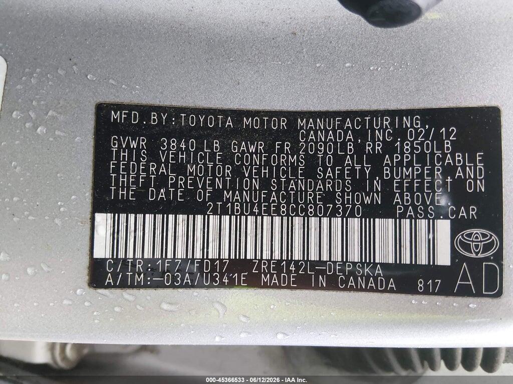 2T1BU4EE8CC807370 2012 TOYOTA COROLLA photo no. 9