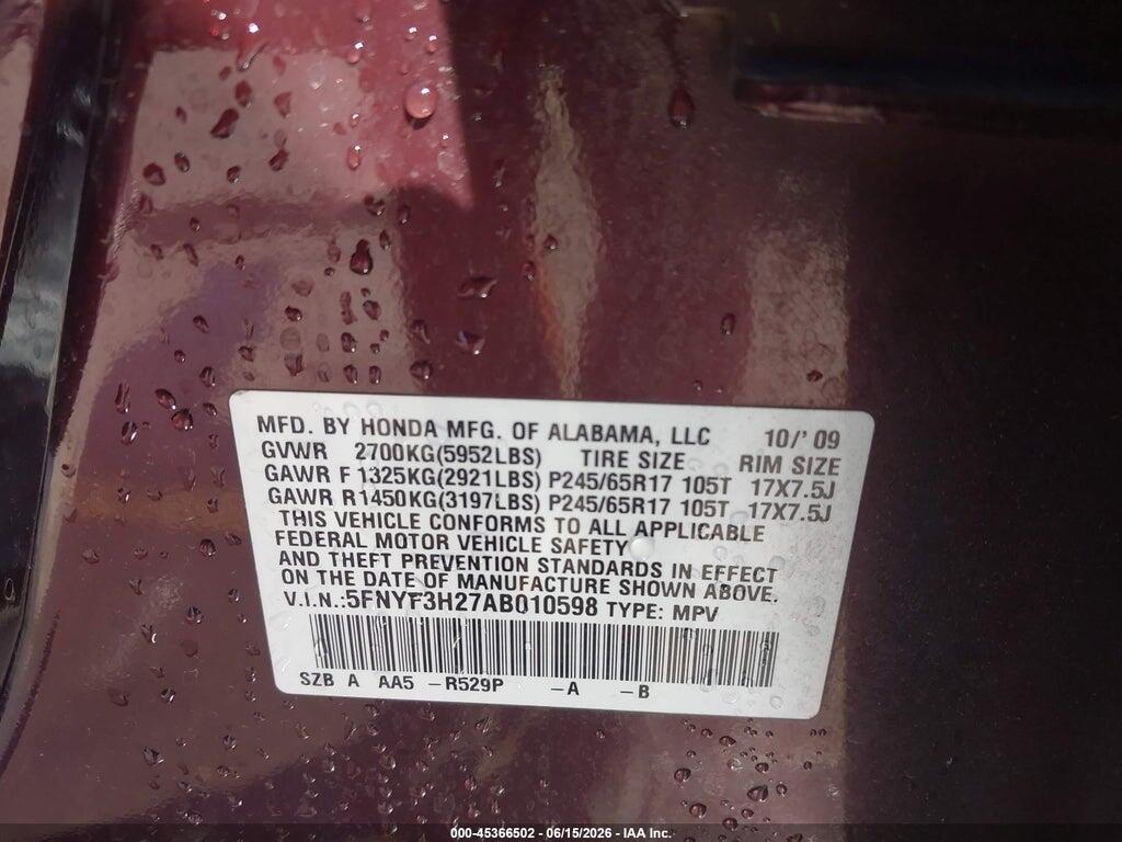 5FNYF3H27AB010598 2010 HONDA PILOT photo no. 9