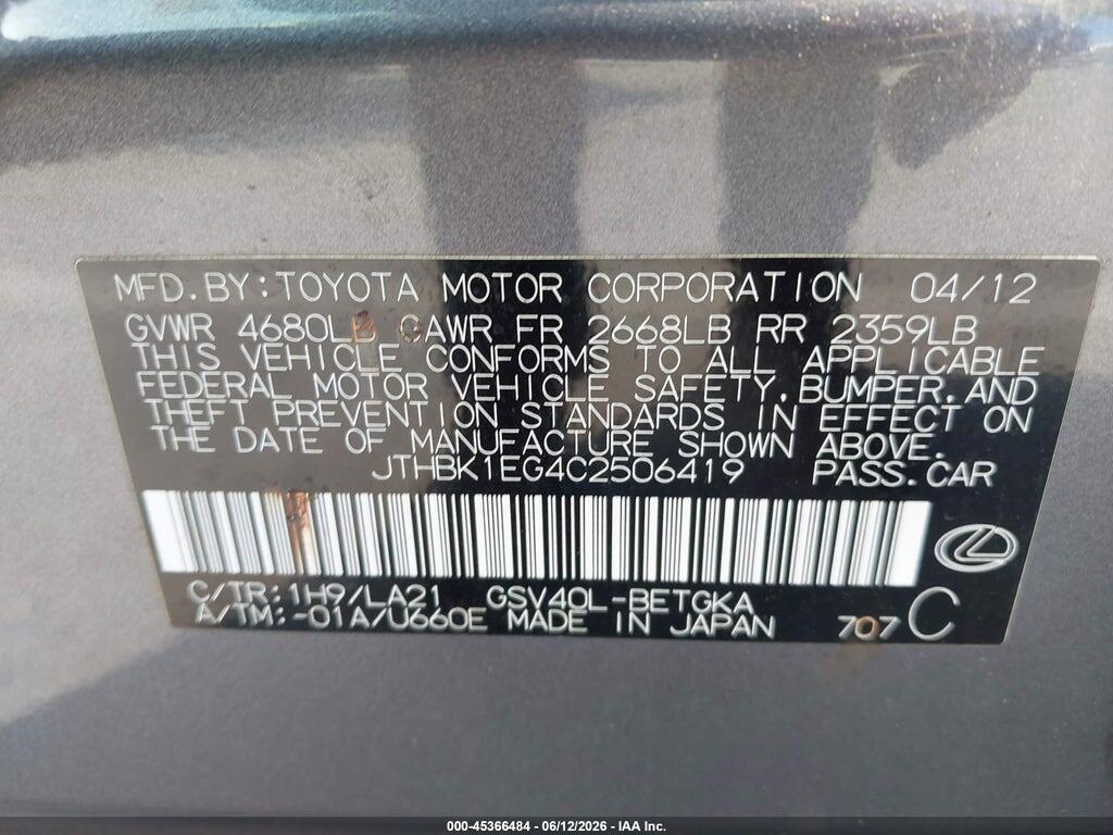 JTHBK1EG4C2506419 2012 LEXUS ES 350 photo no. 9