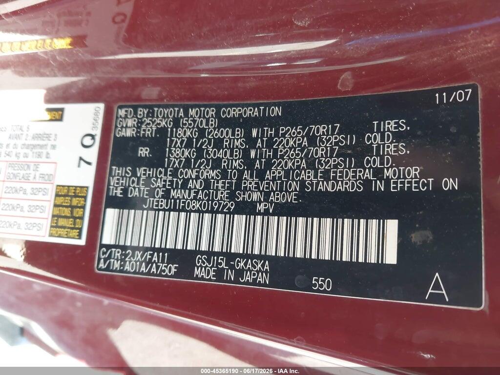 JTEBU11F08K019729 2008 TOYOTA FJ CRUISER photo no. 9