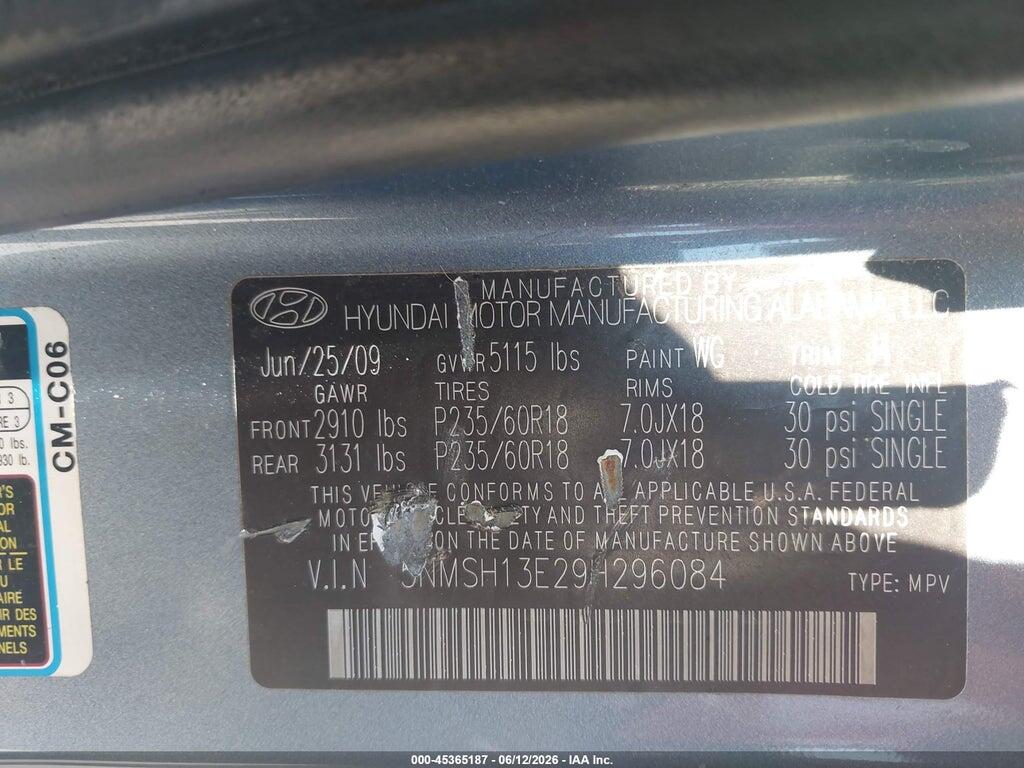 5NMSH13E29H296084 2009 HYUNDAI SANTA FE photo no. 9