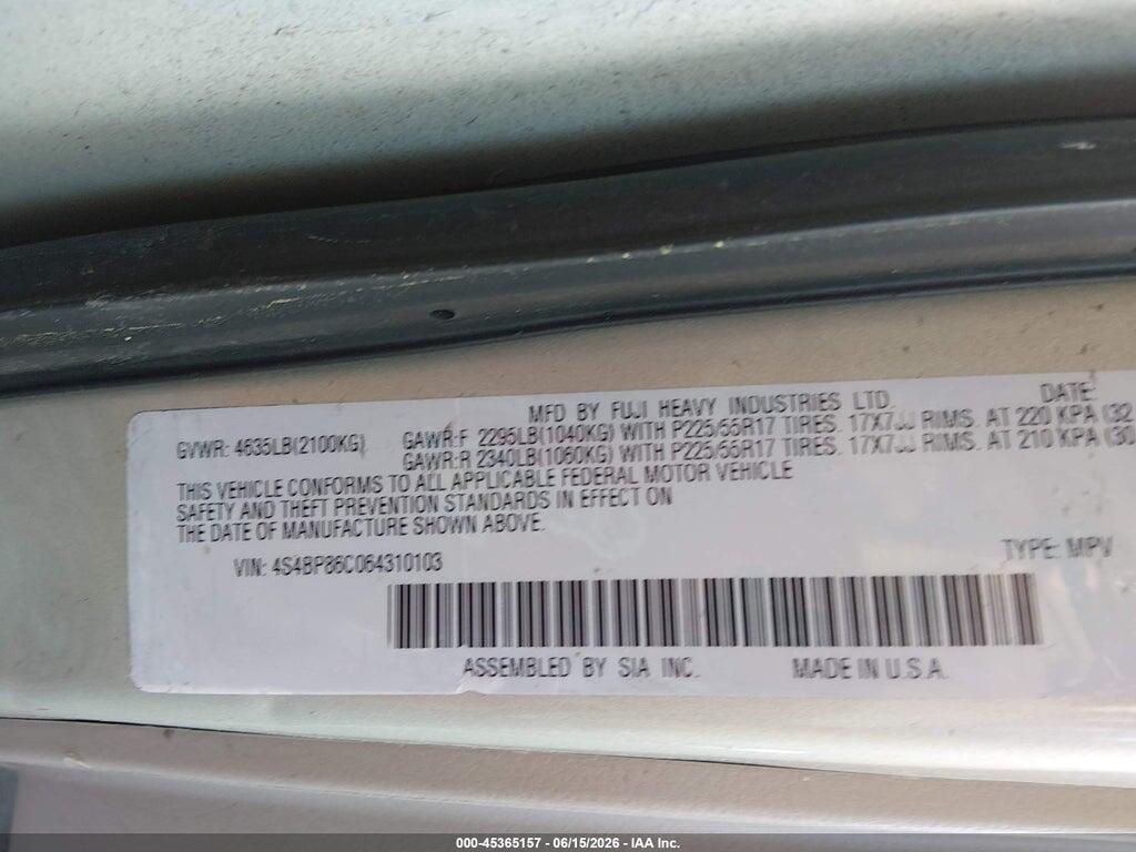 4S4BP86C064310103 2006 SUBARU OUTBACK photo no. 9