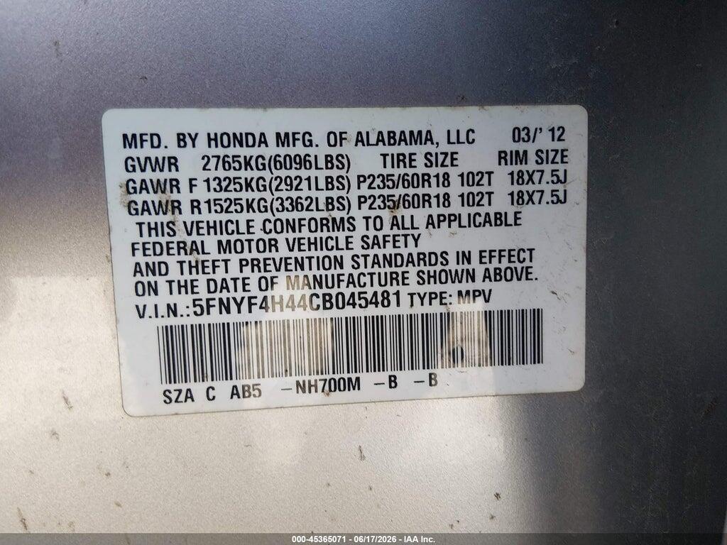 5FNYF4H44CB045481 2012 HONDA PILOT photo no. 9