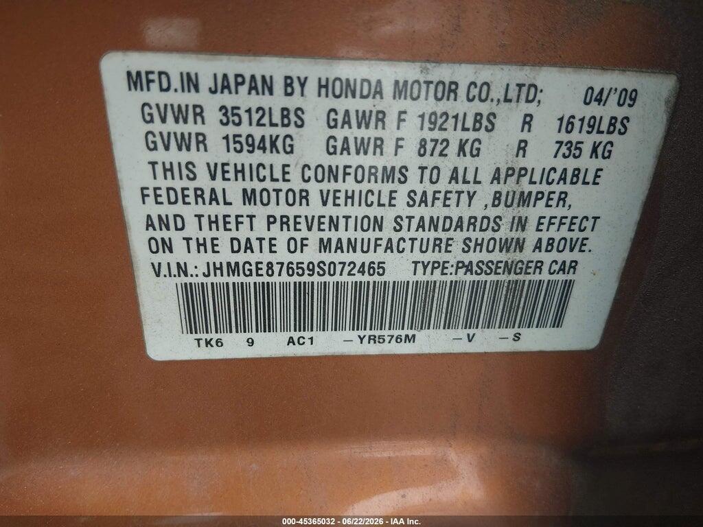 JHMGE87659S072465 2009 HONDA FIT photo no. 9