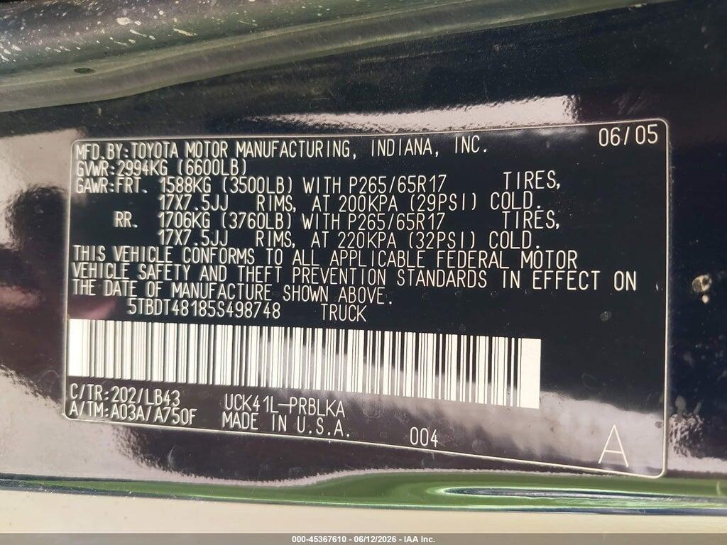 5TBDT48185S498748 2005 TOYOTA TUNDRA photo no. 9