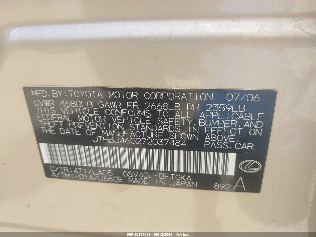 JTHBJ46G272037484 2007 LEXUS ES 350 photo no. 9