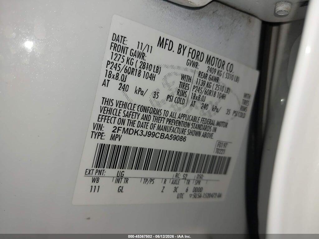 2FMDK3J99CBA59086 2012 FORD EDGE photo no. 9