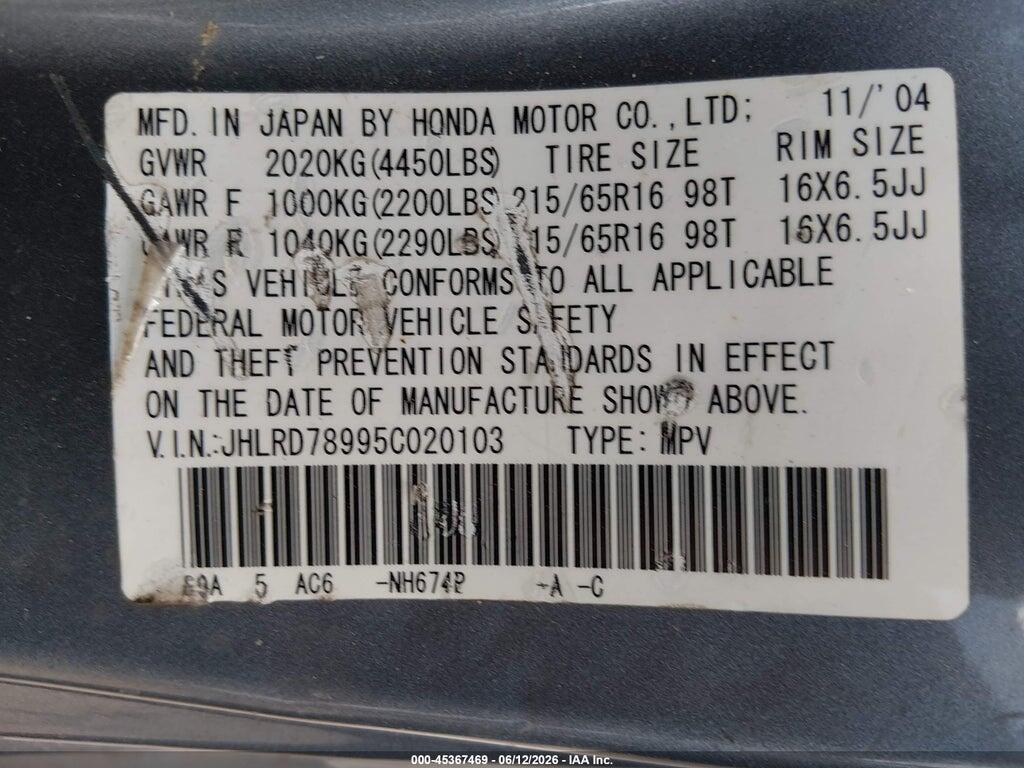 JHLRD78995C020103 2005 HONDA CR-V photo no. 9
