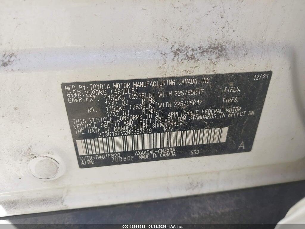 2T3G1RFV2NC257619 2022 TOYOTA RAV4 photo no. 9