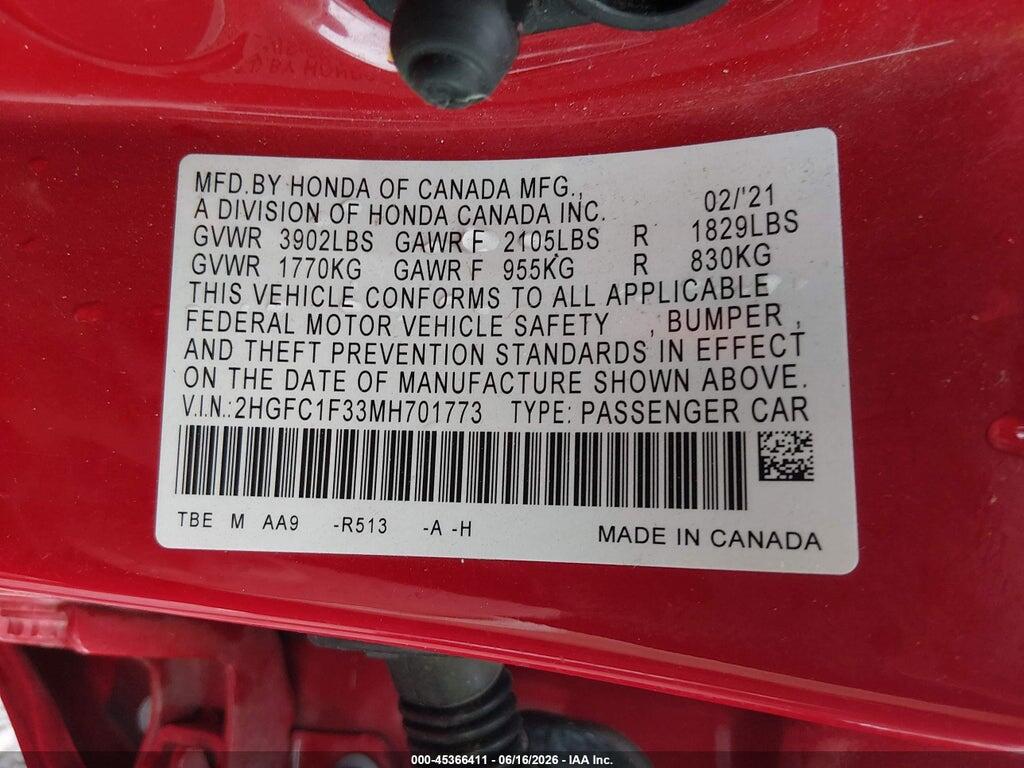 2HGFC1F33MH701773 2021 HONDA CIVIC photo no. 9