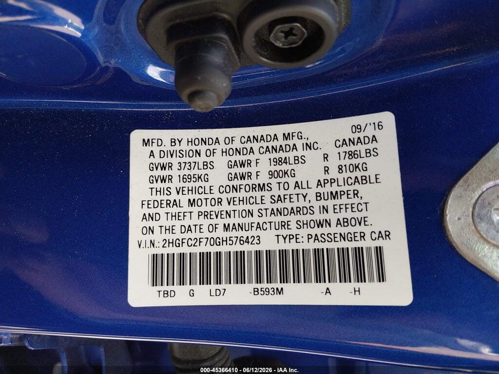 2HGFC2F70GH576423 2016 HONDA CIVIC photo no. 9