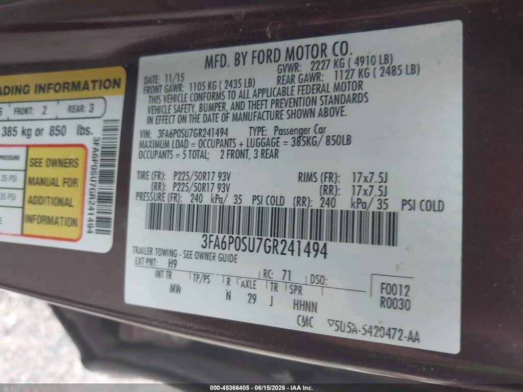 3FA6P0SU7GR241494 2016 FORD FUSION ENERGI photo no. 9