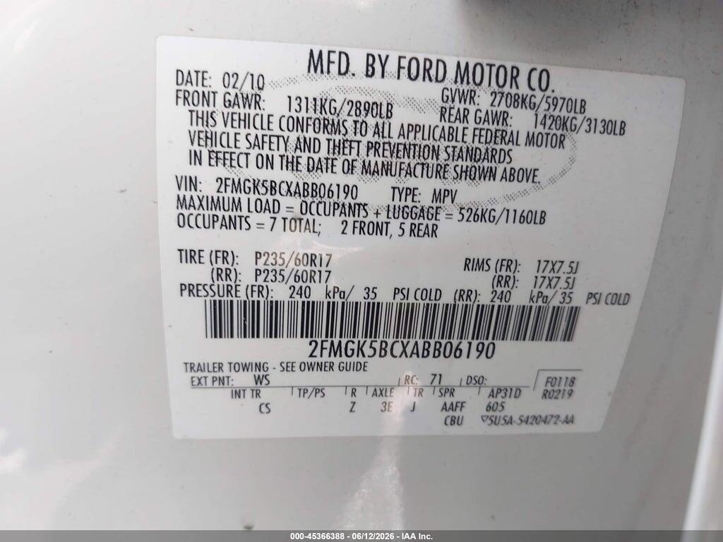 2FMGK5BCXABB06190 2010 FORD FLEX photo no. 9
