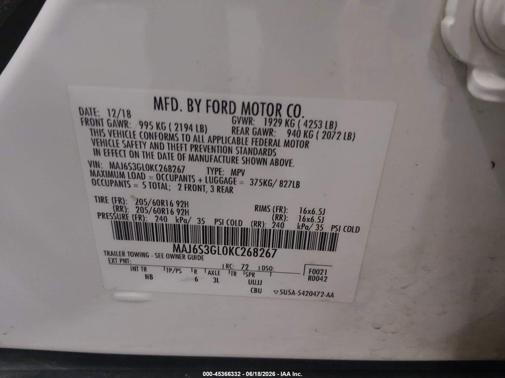 MAJ6S3GL0KC268267 2019 FORD ECOSPORT photo no. 9
