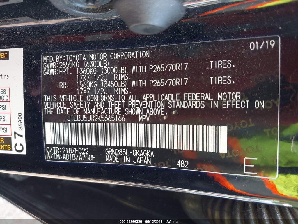 JTEBU5JR2K5665166 2019 TOYOTA 4RUNNER photo no. 9