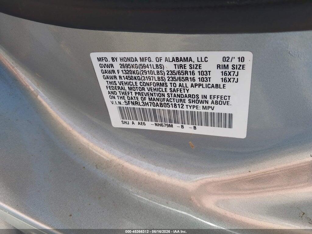 5FNRL3H70AB051812 2010 HONDA ODYSSEY photo no. 9