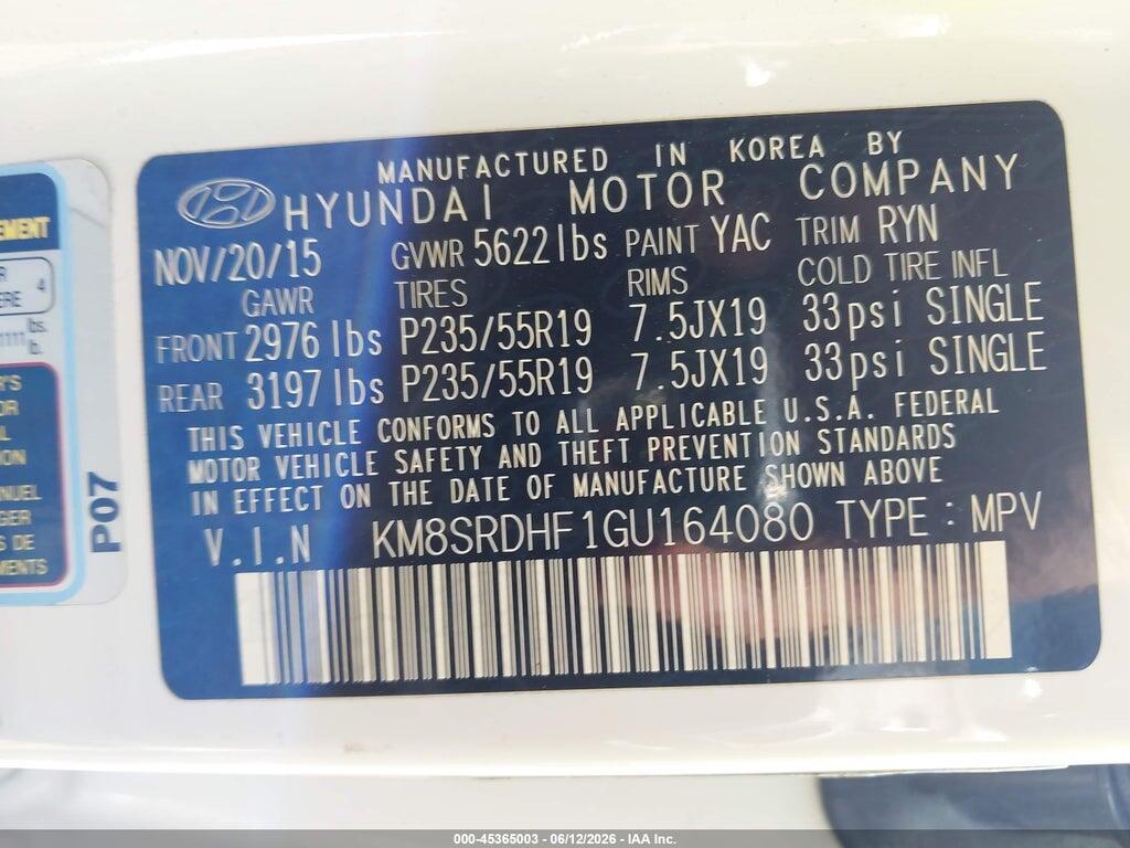 KM8SRDHF1GU164080 2016 HYUNDAI SANTA FE photo no. 9