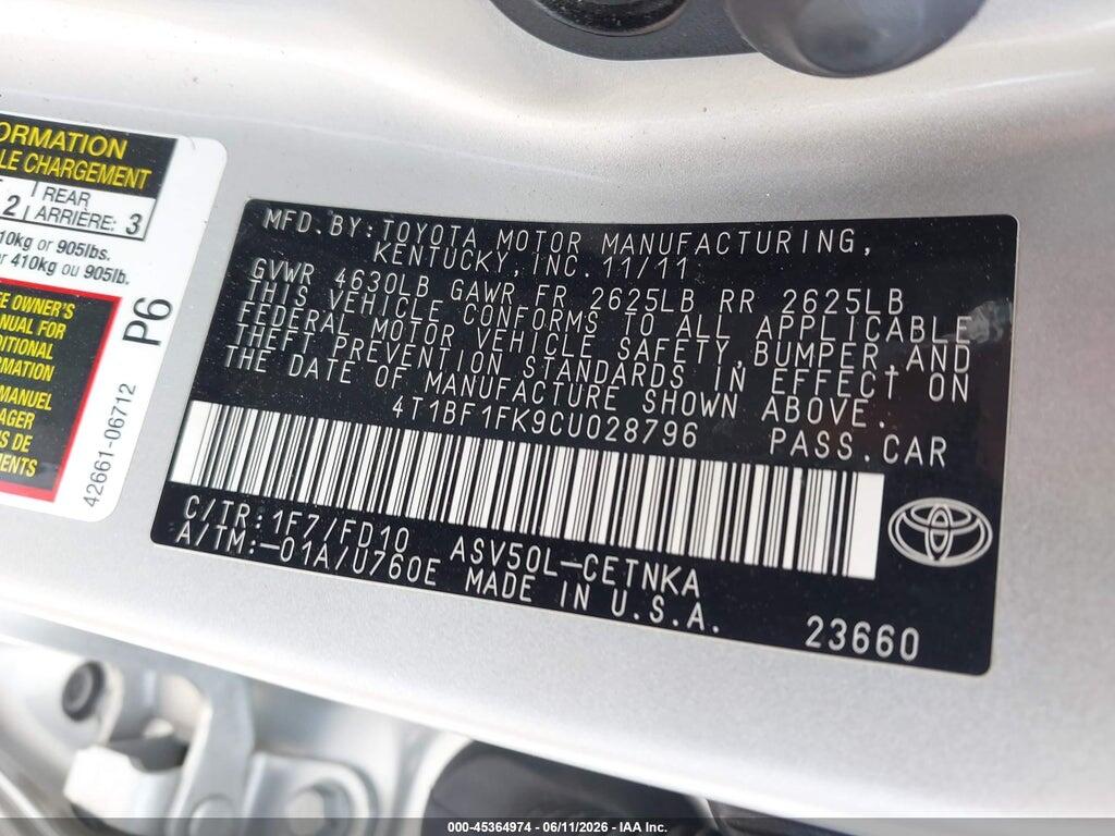 4T1BF1FK9CU028796 2012 TOYOTA CAMRY photo no. 9