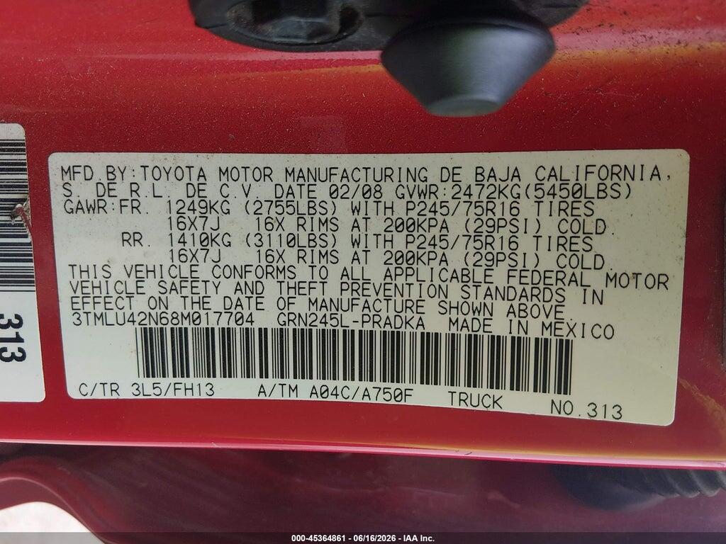 3TMLU42N68M017704 2008 TOYOTA TACOMA photo no. 9