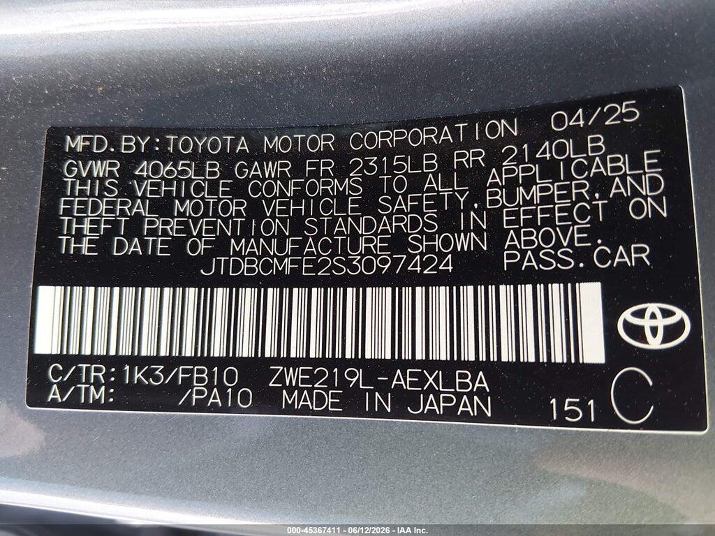 JTDBCMFE2S3097424 2025 TOYOTA COROLLA photo no. 9