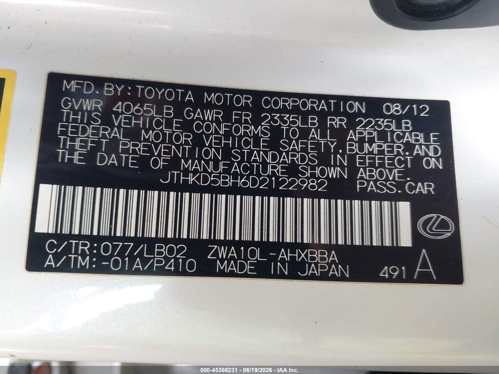 JTHKD5BH6D2122982 2013 LEXUS CT 200H photo no. 9