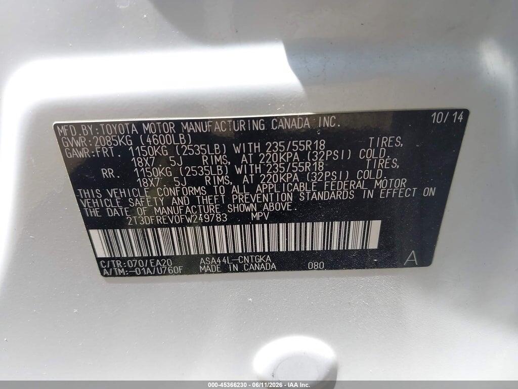 2T3DFREV0FW249783 2015 TOYOTA RAV4 photo no. 9