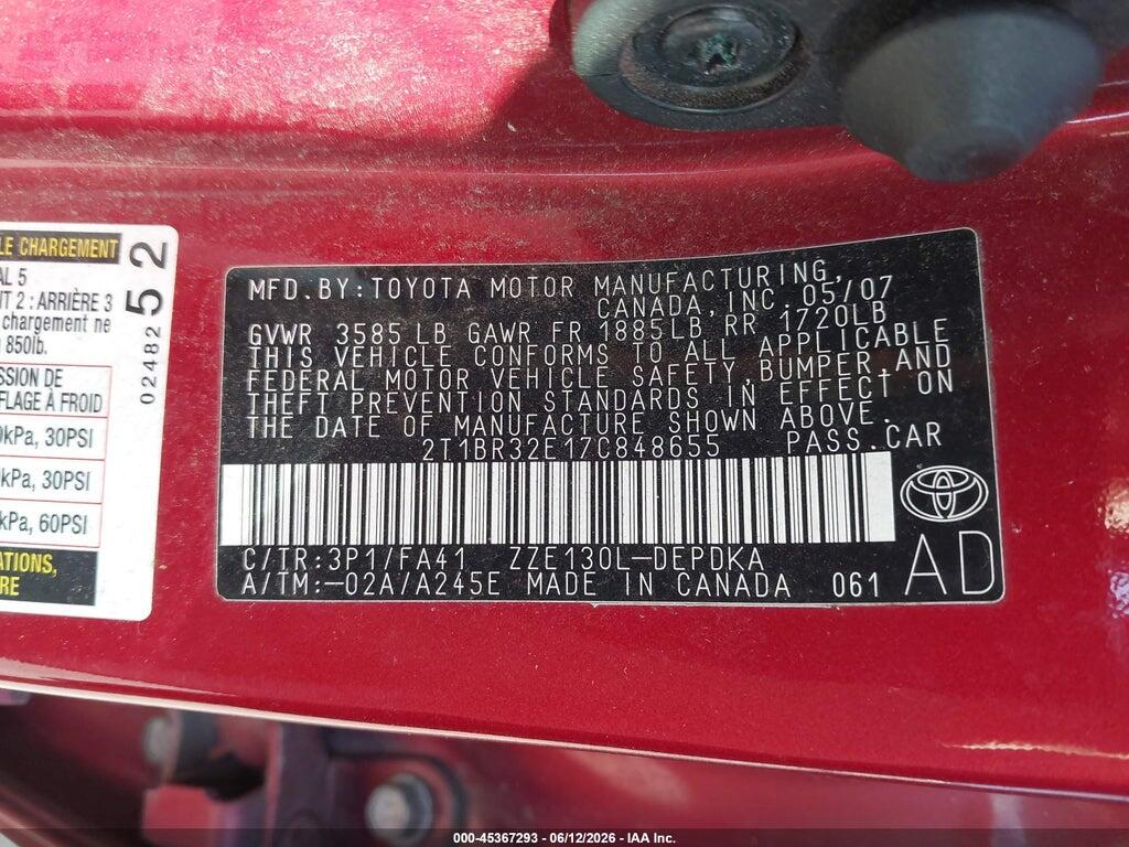 2T1BR32E17C848655 2007 TOYOTA COROLLA photo no. 9