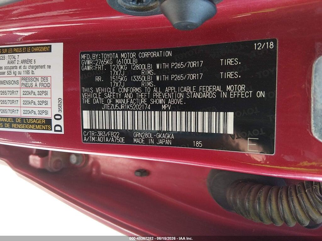 JTEZU5JR1K5202174 2019 TOYOTA 4RUNNER photo no. 9