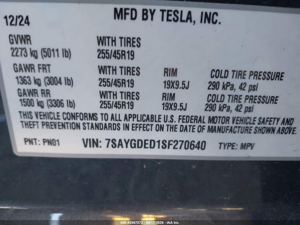 7SAYGDED1SF270640 2025 TESLA MODEL Y photo no. 9