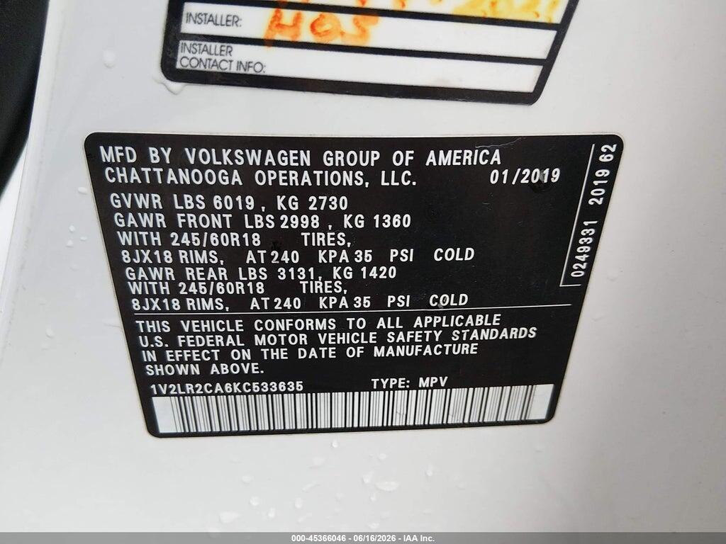 1V2LR2CA6KC533635 2019 VOLKSWAGEN ATLAS photo no. 9
