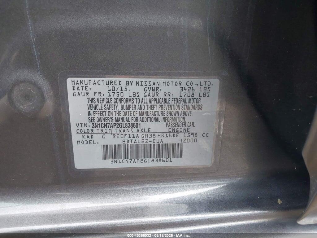 3N1CN7AP2GL838601 2016 NISSAN VERSA photo no. 9