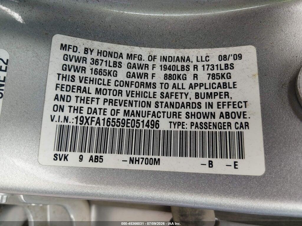 19XFA16559E051496 2009 HONDA CIVIC photo no. 9