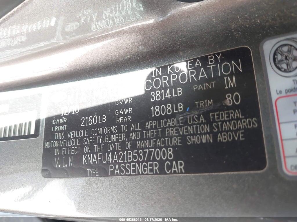 KNAFU4A21B5377008 2011 KIA FORTE photo no. 9