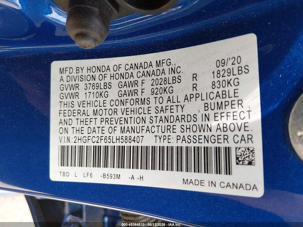 2HGFC2F65LH588407 2020 HONDA CIVIC photo no. 9