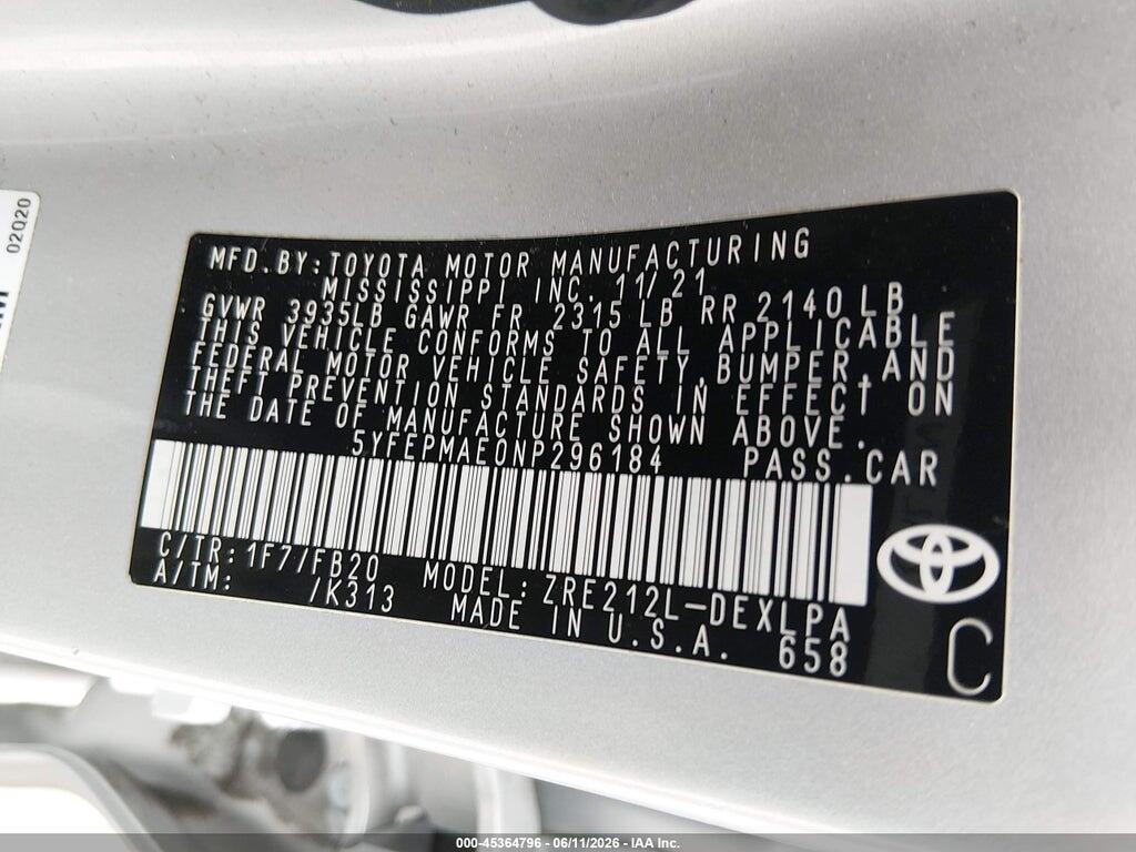 5YFEPMAE0NP296184 2022 TOYOTA COROLLA photo no. 9