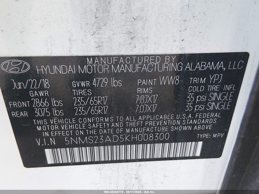 5NMS23AD5KH008300 2019 HYUNDAI SANTA FE photo no. 9