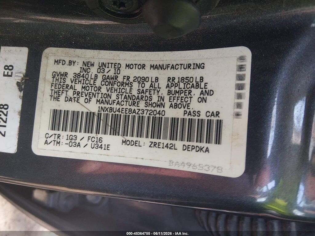 1NXBU4EE8AZ372040 2010 TOYOTA COROLLA photo no. 9