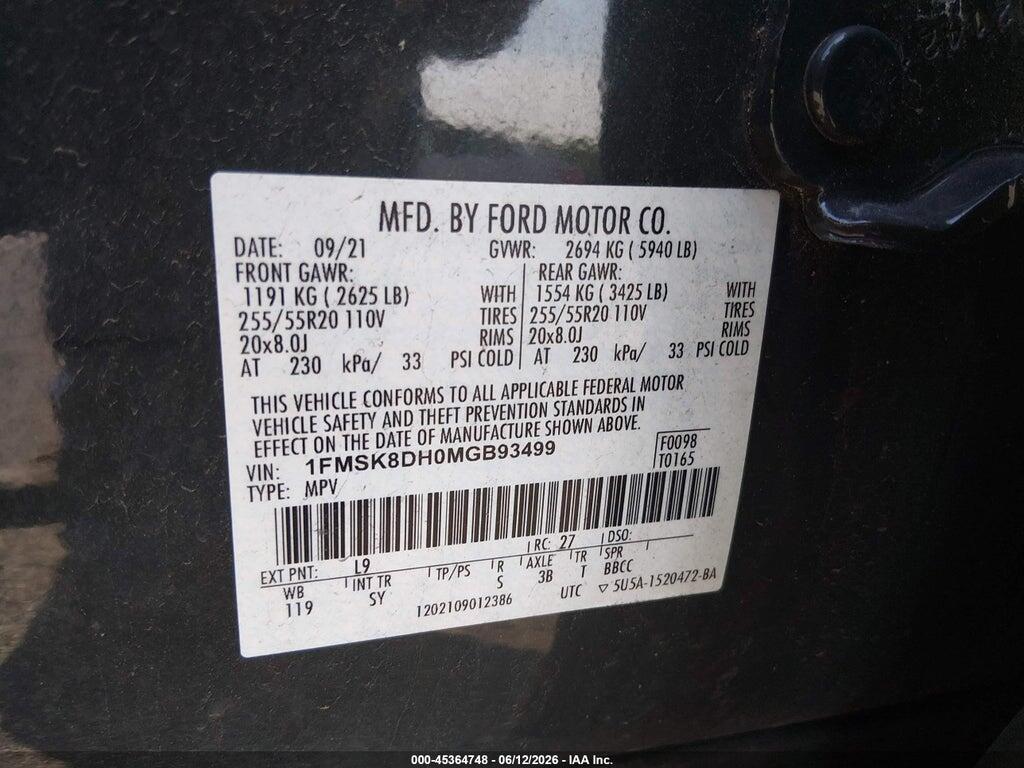 1FMSK8DH0MGB93499 2021 FORD EXPLORER photo no. 9