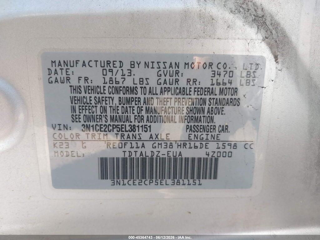 3N1CE2CP5EL381151 2014 NISSAN VERSA NOTE photo no. 9