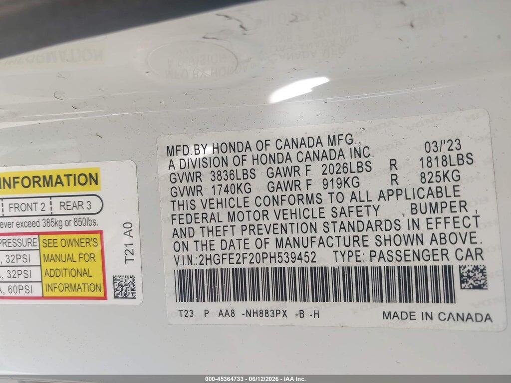 2HGFE2F20PH539452 2023 HONDA CIVIC photo no. 9