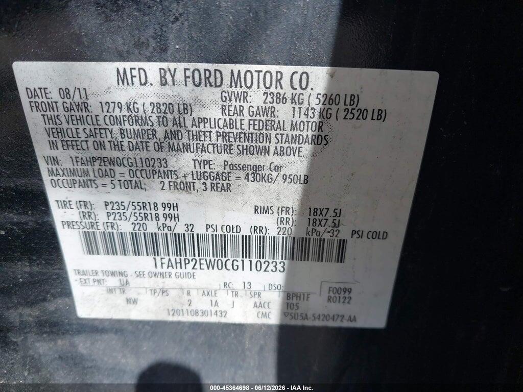 1FAHP2EW0CG110233 2012 FORD TAURUS photo no. 9