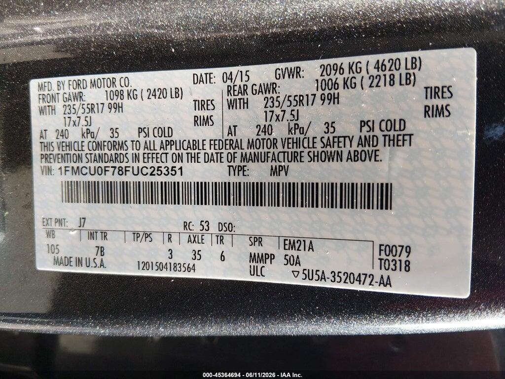 1FMCU0F78FUC25351 2015 FORD ESCAPE photo no. 9