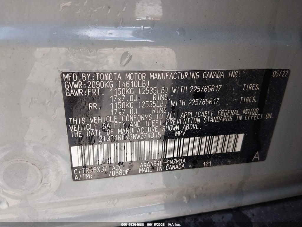 2T3P1RFV3NW274315 2022 TOYOTA RAV4 photo no. 9