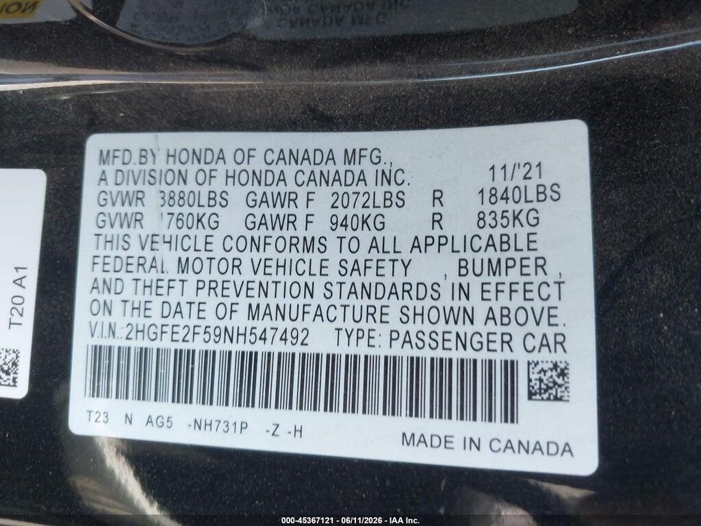 2HGFE2F59NH547492 2022 HONDA CIVIC photo no. 9