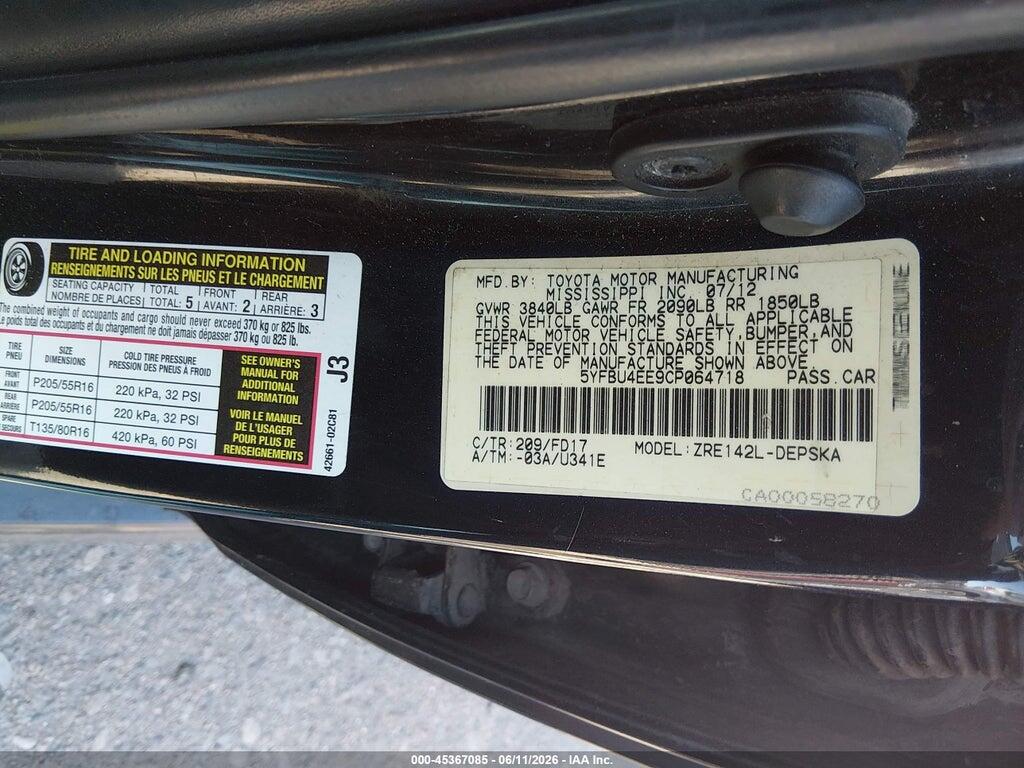 5YFBU4EE9CP064718 2012 TOYOTA COROLLA photo no. 9