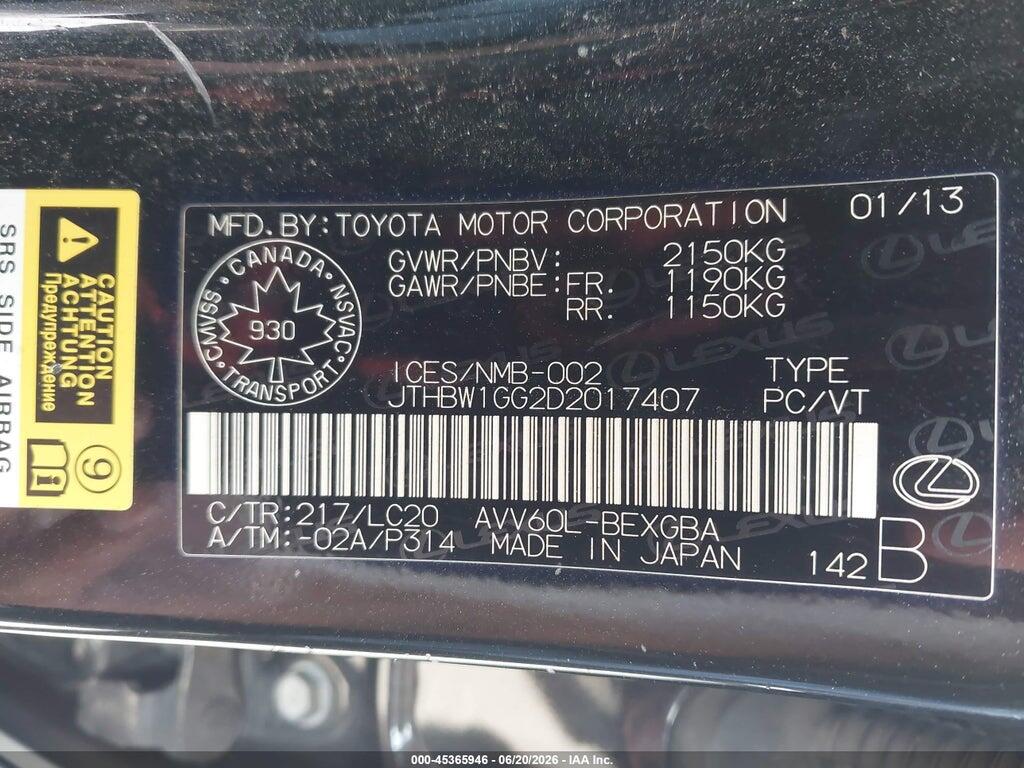 JTHBW1GG2D2017407 2013 LEXUS ES 300H photo no. 9
