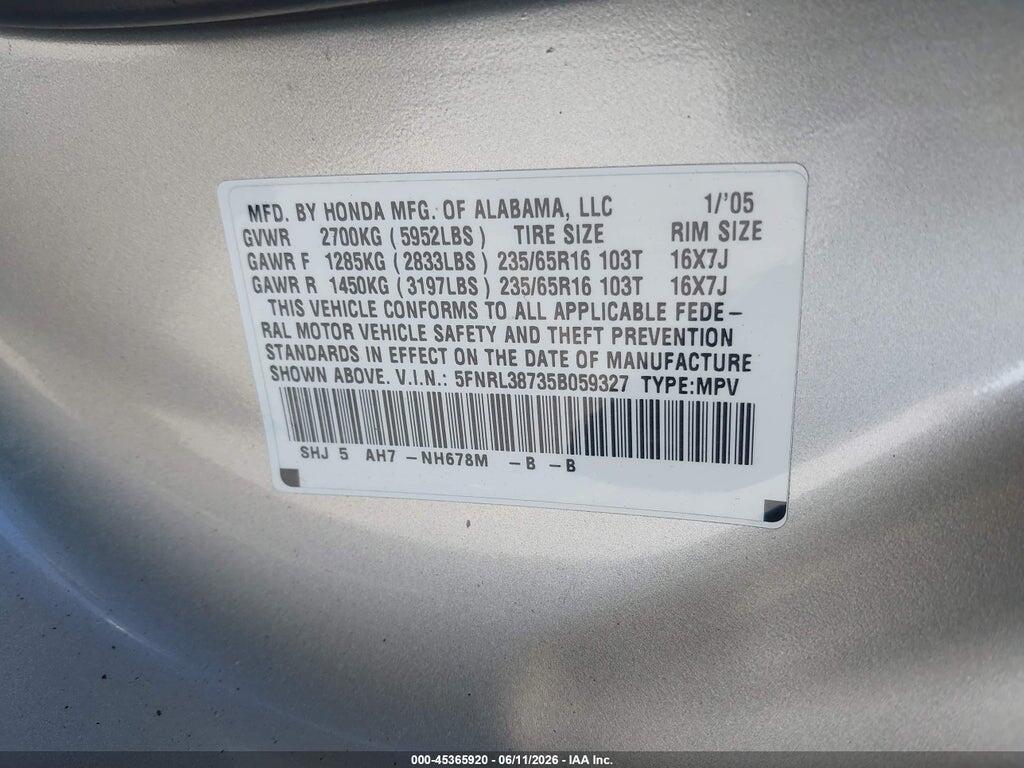 5FNRL38735B059327 2005 HONDA ODYSSEY photo no. 9
