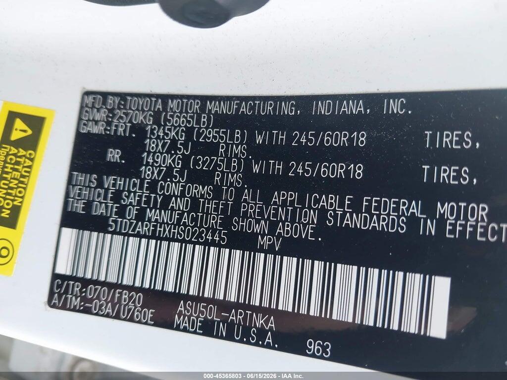 5TDZARFHXHS023445 2017 TOYOTA HIGHLANDER photo no. 9