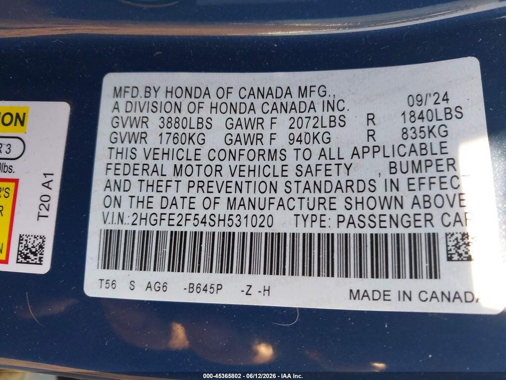 2HGFE2F54SH531020 2025 HONDA CIVIC photo no. 9