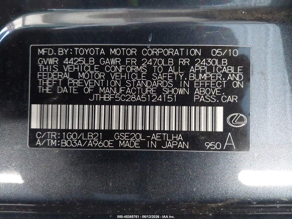 JTHBF5C28A5124151 2010 LEXUS IS photo no. 9